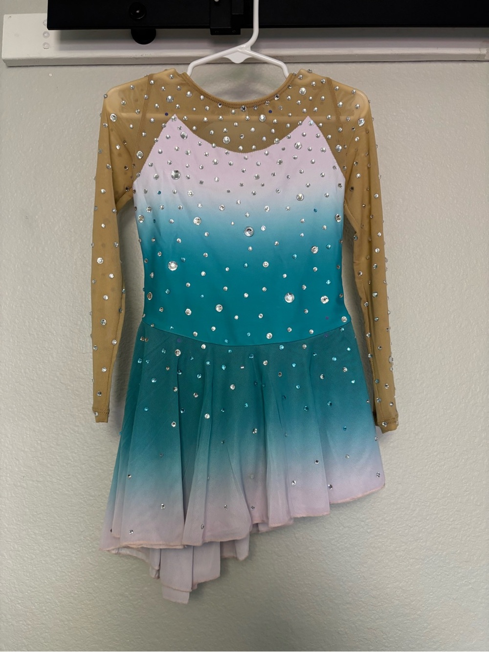 Girls' Ombre Teal & Pink Skating Dress with Gold Mesh Sleeves
